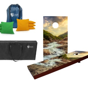 Tailgating Pros 4'x2' Mountain Stream Stained Cornhole Boards w/ Carrying Case, optional Ring Lights and set of 8 Bags!