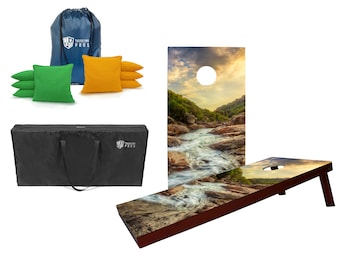 Tailgating Pros 4'x2' Mountain Stream Stained Cornhole Boards w/ Carrying Case, optional Ring Lights and set of 8 Bags!