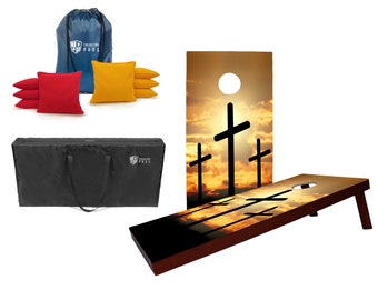 Tailgating Pros 4'x2' Three Crosses Stained Cornhole Boards w/ Carrying Case, optional Ring Lights and set of 8 Bags!