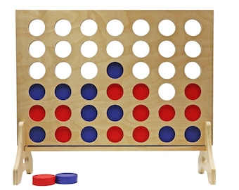 May include: A wooden Connect Four game with red and blue checkers. The game is set up on a wooden board with a metal bar across the bottom. There are two extra checkers, one red and one blue, in the front of the board.