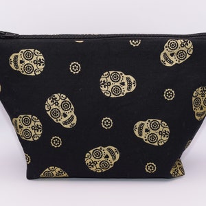 Black and Gold Sugar Skull Zipper Pouch, Make-Up Pouch, Black Bag, Unique Gift, Gift For Her, Gothic, Skulls, Gold, Black, Quilted