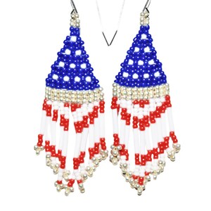 American Flag Beaded Fringe Earrings