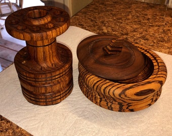Large Zebra wood Learnard tool stand with 5-1/2 inch around snips dish.