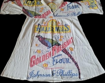 Flour Sack Dress Golden Pheasant Flour Vintage Look Feed Sack Garden Hippie Boho One Size Relaxed Casual Fit Lightweight