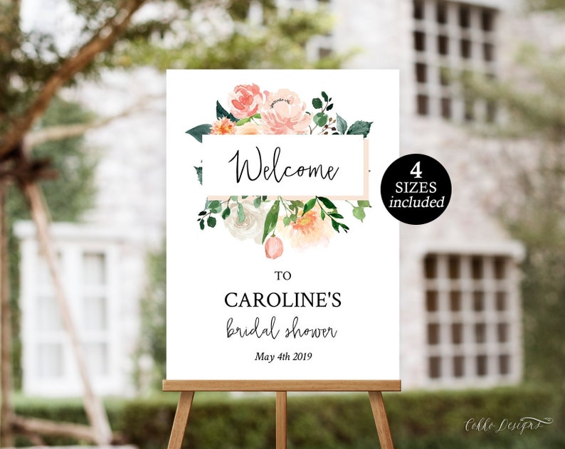 Editabel Bridal Shower Template Blush Welcome Sign PDF Instant Download Printable Sign Greenery Florals Caroline