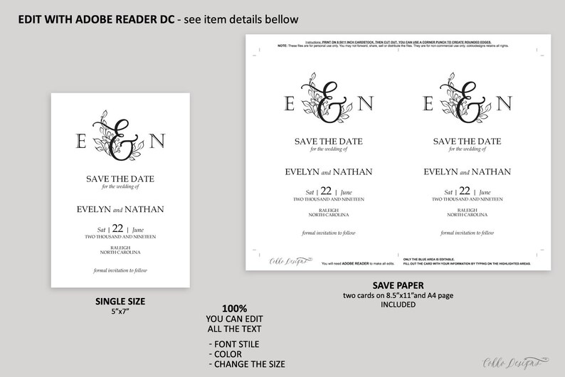 Monogram Rustic Wedding PDF Editable Text Evelyn Save the Date Template Instant Download Floral Wedding