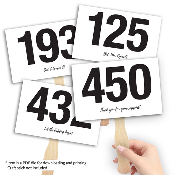 Auction Bid Paddle Cards Half Size, Folded, 100-450, With Motivational  Text. Auction Bidding Paddles, Paddle Raiser, PDF Downloadable File 
