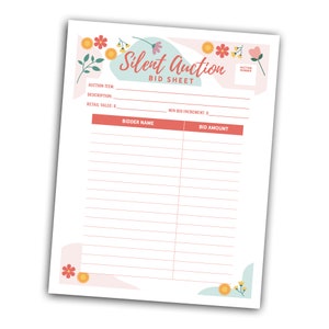 Editable Silent Auction Bid Sheet, Spring, Flowers, Summer, School Event, Gala, Fundraiser, Charity, Bid Form, Solstice, PDF file, Download