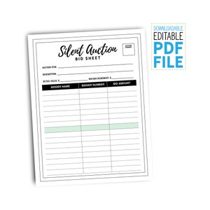 Editable PDF Silent Auction Bid Sheets with Green Line for Green Line Game, Fundraiser, School Event, Gala, Bid Form, Charity, Events, File