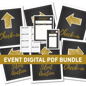 BUNDLE - Fichiers PDF numériques, feuille d'enchères, tableau de bord des desserts, cartes Participez pour gagner et signalisation directionnelle pour l'encan silencieux et l'enregistrement, gala