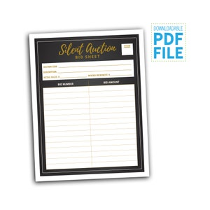 Editable Classy Silent Auction Bid Sheet, PDF, Fundraiser, School Event, Bid Form, Chic, Gala, Non-profit, Bidding, Formal, Stylish, Posh