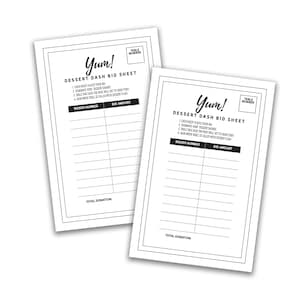 Feuilles d'enchères pour tableau de bord des desserts