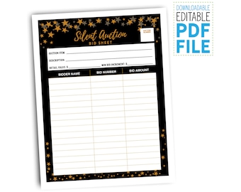 Editable  Silent Auction Bid Sheets with Stars, PDF file, Fundraiser, Starry Night, Gala, School Event, Night Sky, Starlit, Night, Printable