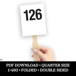 Veilingbodpaddles - kwartformaat, gevouwen, 100-450, veilingbiedkaart, paddle-raiser, pdf, bestand, inzamelingsactie, gala, liefdadigheid, schoolevenement