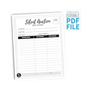 Editable Silent Auction Bid Sheet with &quot;Buy it now&quot; line, PDF, Fundraiser, Gala, Bidding, Bid Form, School Event, Money Raiser, Nonprofit