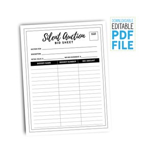 Editable Silent Auction Bid Sheet PDF File, Fundraiser, Gala, Charity, Bidding, Bid Form, School Event, Money Raiser, Nonprofit, Basic