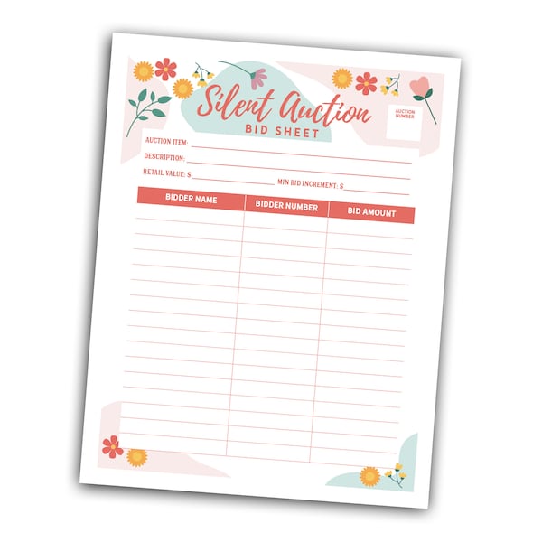 Editable Silent Auction Bid Sheet - Spring, Flowers, Summer, School Event, Gala, Fundraiser, Charity, Bid Form, Solstice, PDF file, Download
