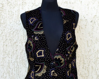 Black Womens Velvet Vest Vintage Velvet Embroidered Colorful Pattern Black Gold Vest Hippie Boho Fitted Waistcoat Elegant Vest Medium Size