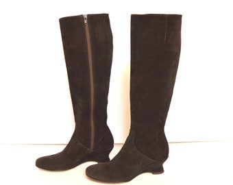 Vintage Tall Suede Leather Boots Brown Leather Knee High Boots Leather Panara Boots Bohemian Side Zip Italy boots Size US 6.5  EUR 37  UK 4