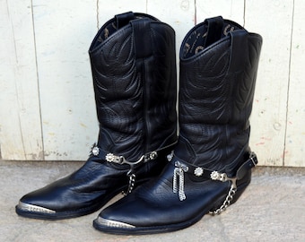 Botas Santa Fe de cuero negro con correa, estilo vaquero occidental, botas vintage de Texas, botas clásicas de cuero estilo roper, botas boho para festivales, talla 40 EUR