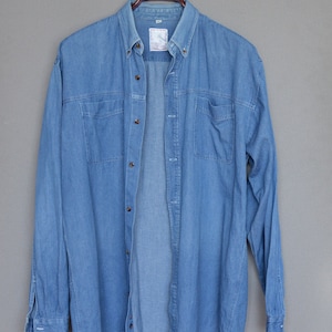 Vintage anni '80 Oversize Denim Camicia Denim Boyfriend Jacket Preppy Oxford Button Up Jean Shirt Camicia occidentale Extra Large Size