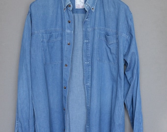 Vintage 80s Oversized Denim Shirt Denim Boyfriend Jacket Preppy Oxford Button Up Jean Shirt Western shirt Extra Large Size