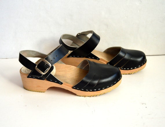 Vintage swedish clogs wooden shoes Black Leather … - image 1