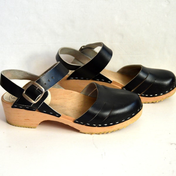 Vintage swedish clogs wooden shoes Black Leather Sandals High Heel Leather Sandal size 8.5 US 6 UK 39