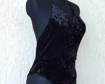 Vintage zwart leotard pak fluwelen lingerie dansen pak retro sportschool pak bachelorette pak middelgroot