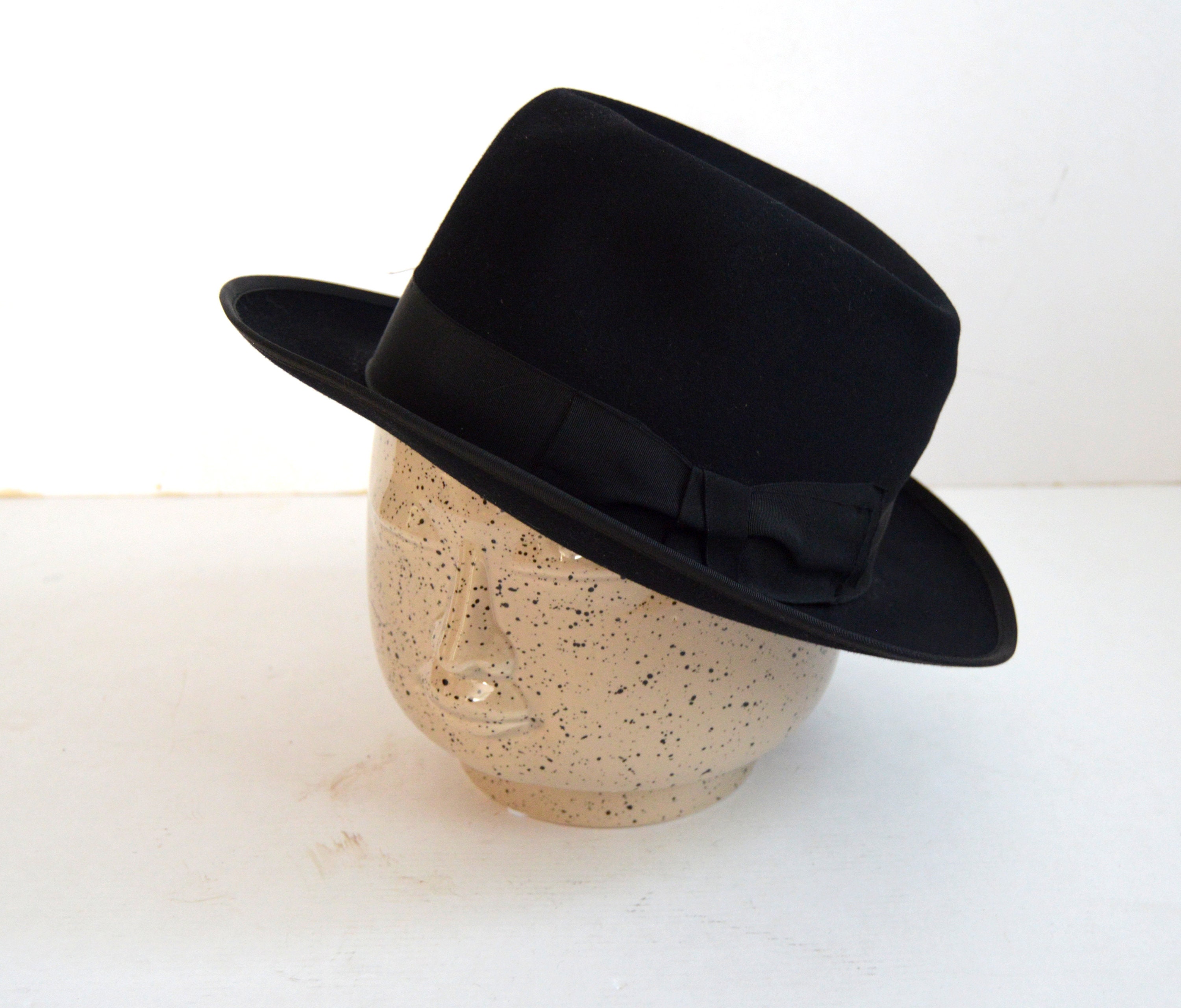 Vintage Black Derby Hat Fedora Hat Black Felt Cap Detective