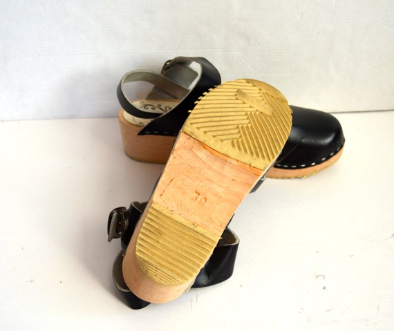 Vintage swedish clogs wooden shoes Black Leather … - image 3