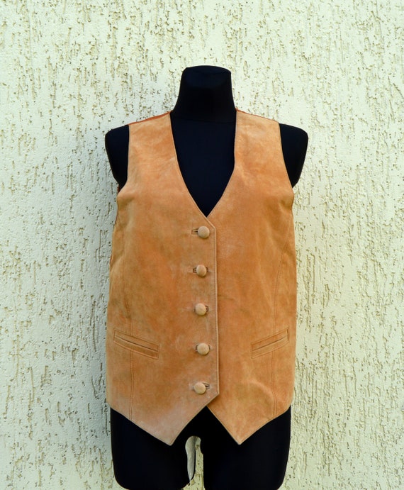 Vintage Leather Vest Camel Brown Suede Leather Wo… - image 1