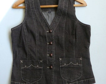 Vintage Denim Vest Brown Button Front Vest Hippie Hipster Jean Vest Boho Style Womens Brown Vest Two pocket Waistcoat Medium Size