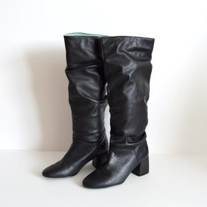 Knee High Boots Block Heels Black Leather Tall Boots Vintage Women Leather Boots Pull on Soft leather designer boots Made in Spain size 37