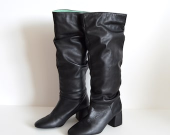 Bottes hauteur genou, talons carrés, bottes hautes en cuir noir vintage, bottes en cuir pour femmes, bottines de créateur en cuir souple fabriquées en Espagne, taille 37