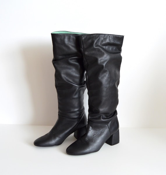 Overknee Stiefel Blockabsatz Schwarz Leder Hohe Stiefel Vintage