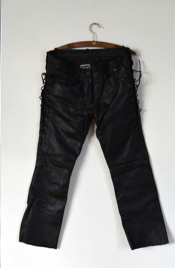 Leather Biker Pants Black Motorcycle Vintage Leather Pants Women's Flying  Eagle Leather Trousers Lace-up Heavy Trouser Rocker Pants 