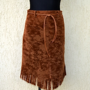 Vintage Fringe Skirt Vegan Leather Skirt Long Boho high waist lined brown faux suede Skirt Cowgirl Hippie Skirt