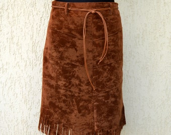 vintage jupe à franges jupe en cuir végétalien longue bohème taille haute bordée de faux daim marron jupe cow-girl jupe hippie