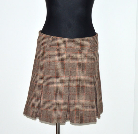 Tartan High Waisted Pleated Skirt wool skirt School girl Skirt 90s Grunge  Skirt Brown Cowgirl Western Skirt Large Size