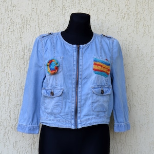 Vintage Denim Top 90s Cropped denim jacket boho hippie jean jacket Jean zip up Top Hipster denim womens  jeans jacket Size X Large