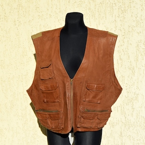 Brown Leather Men&#39;s Vest Vintage 90s Hunting Fishing Vest Biker Outdoor Western Vest with Pockets Motorcycle Waistcoat Rocky Clothing XLarge