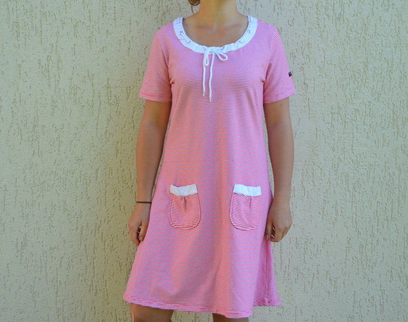 Vintage Sailor Dress Nautical Pink Striped tunic Striped Dress Red White Summer Dress 90s cotton knee length Jersey dress Festival Dress