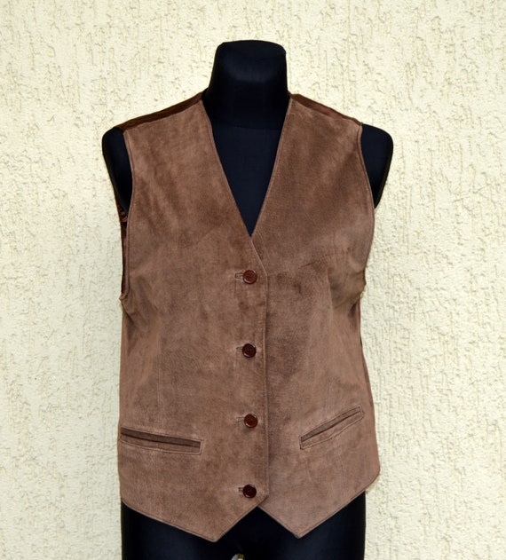 Brown Leather Vest Vintage Suede Waistcoat Country Cowboy