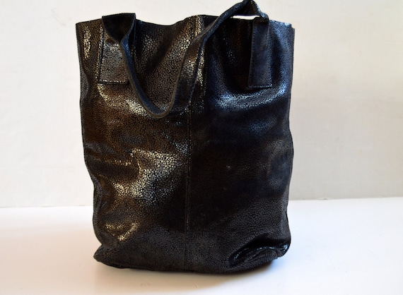 Vintage Leather tote Woman Black Leather tote bag… - image 1