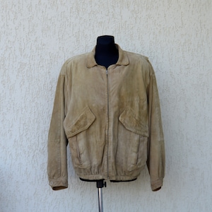 90s Suede Bomber Jacket Vintage Oversized Jacket Men&#39;s Aviator Jacket Leather Coat Real Leather Blouson Light Brown Rocky Western Jacket