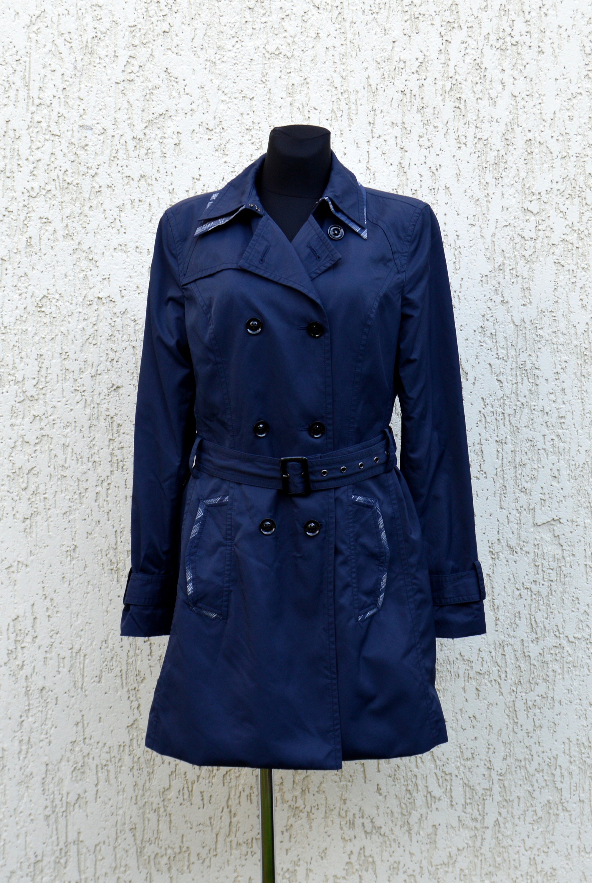 long navy duster coat