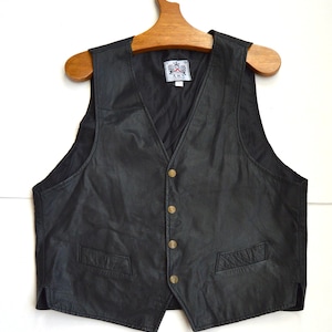 Vintage Black Leather Men&#39;s Vest Original Rocky Clothing Country Western Sleeveless Leather Waistcoat Extra Large Size
