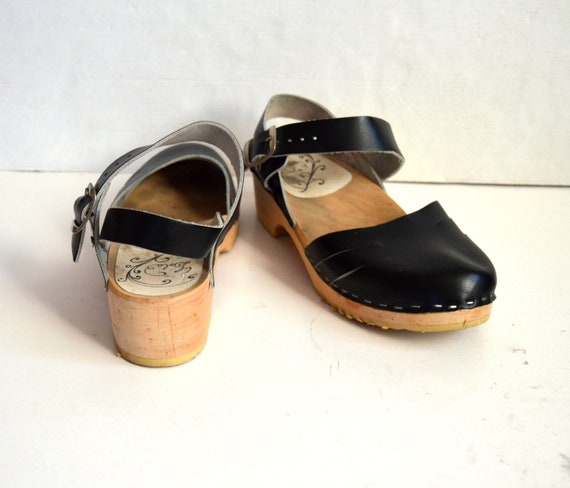 Vintage swedish clogs wooden shoes Black Leather … - image 5