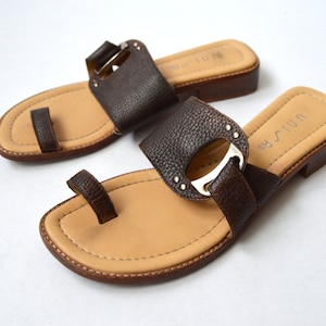 Ledersandalen Vintage Slip On Sandalen Flip Flop Offene Zehen Schuhe Braun Unisa Sandalen Zehenring Sandalen Flache Sandalen Größe 36 EUR 5 US